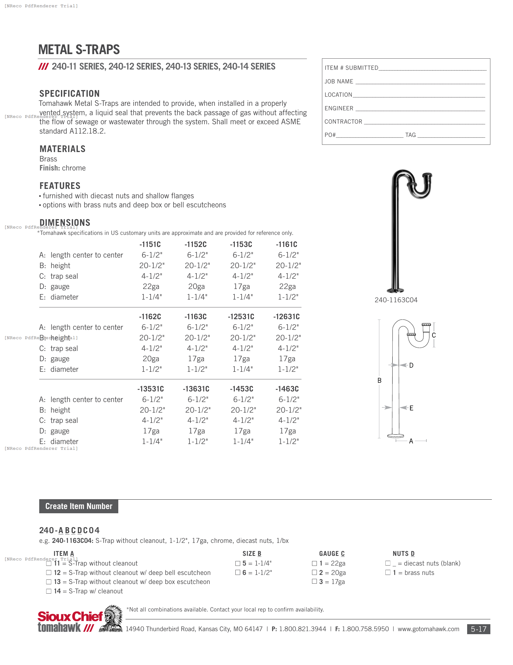 240 SERIES - METAL S-TRAP - SPEC SHEET.PDF Specification Document